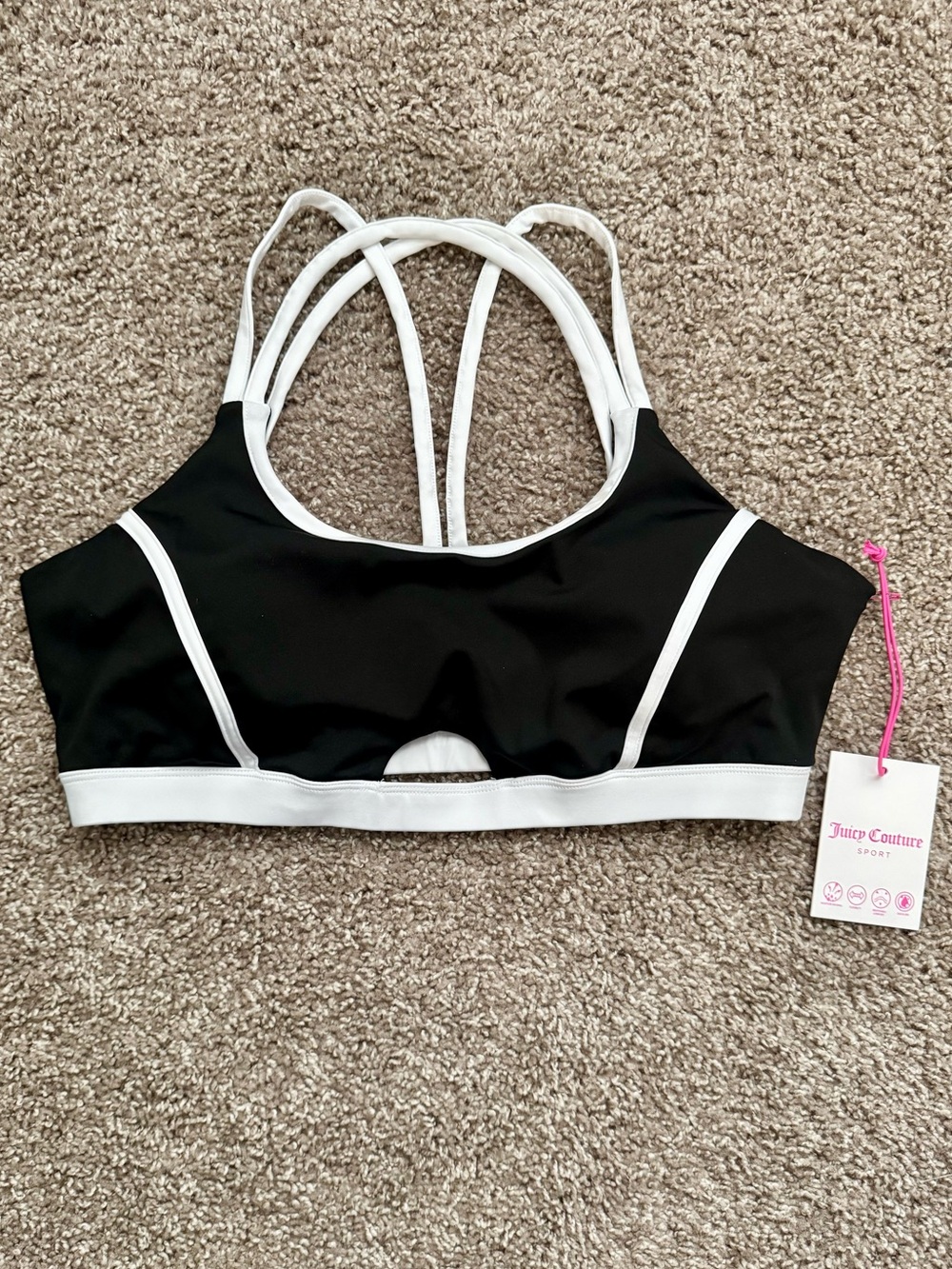 Juicy Couture Sport Strappy Sports Bra Black White XL NWT Cutout Athletic Active
